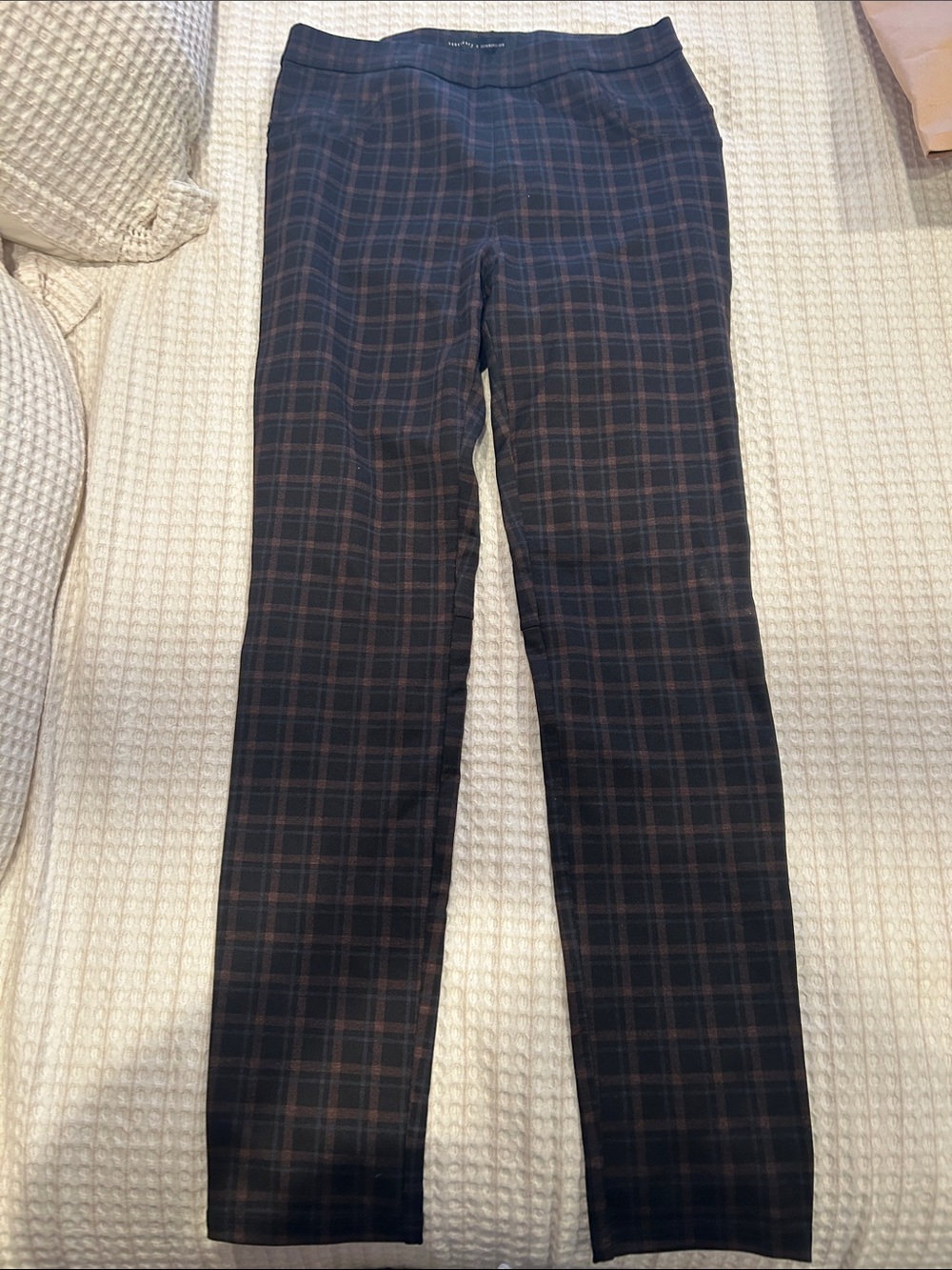 Anthropologie Black Trousers with Burgundy Windowpane Plaid